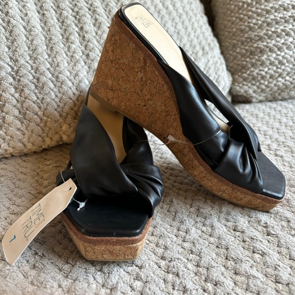 Time And Tru Wedges Heels Shoes Black Open Toe Comfort Sock Women Size 7 NWT - Picture 1 of 9